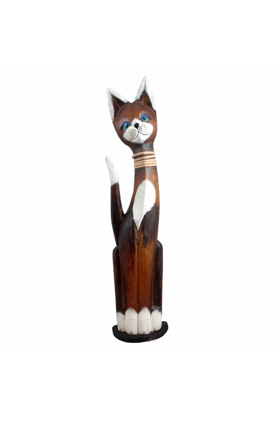 Assorted Albesia Wooden Cats Statue with Varying Patterns (Collar, 24 inch)