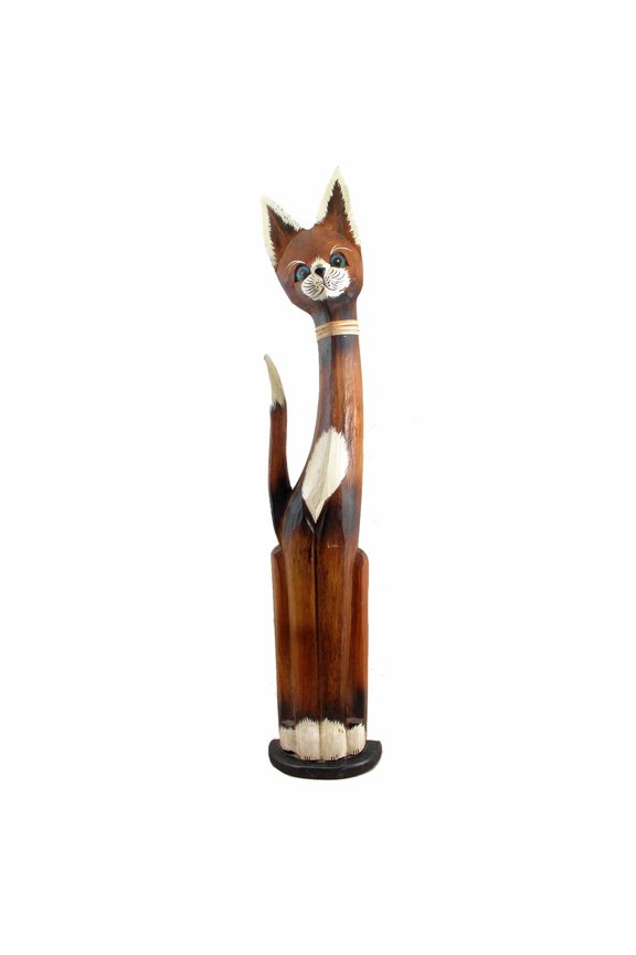 Assorted Albesia Wooden Cats Statue with Varying Patterns (Collar, 32 inch)