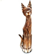 Stoneage Arts Assorted Albesia Wooden Cats Statue with Varying Patterns Floral, 24 inch