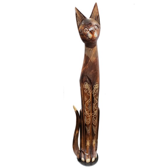 Stoneage Arts Assorted Albesia Wooden Cats Statue with Varying Patterns (Kembang, 40 inch)