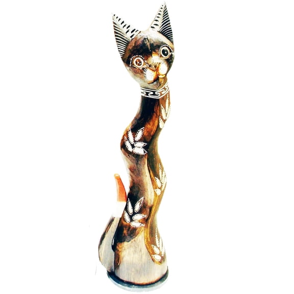 Stoneage Arts Assorted Albesia Wooden Cats Statue with Varying Patterns (Leaf, 24 inch)