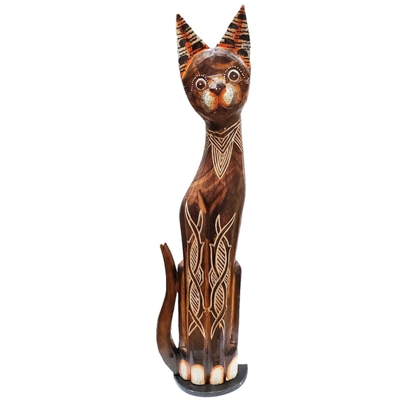 Stoneage Arts Assorted Albesia Wooden Cats Statue with Varying Patterns (Tribal Pattern, 24 inch)