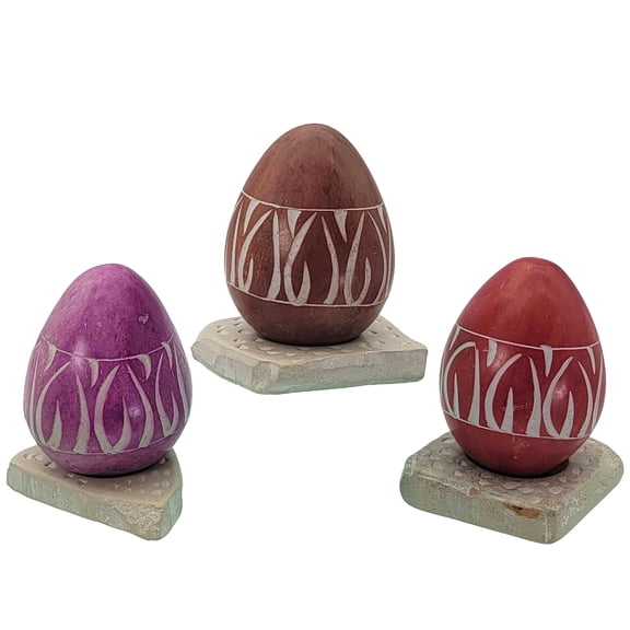 Stoneage Arts:Decorative Natural Stone Eggs with Stand for Home Decor, Handcarved and Designed In Kenya.(3 Pack Set, Band, Rawstone ST)