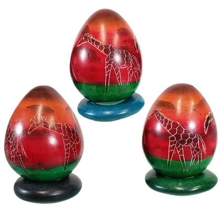 Stoneage Arts:Decorative Natural Stone Eggs with Stand for Home Decor, Handcarved and Designed In Kenya.(3 Pack Set, Sunset Giraffe, Color Ring ST)