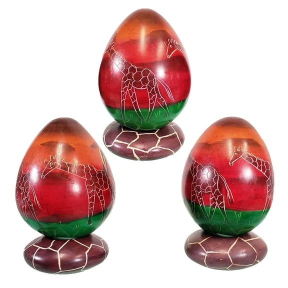 Stoneage Arts:Decorative Natural Stone Eggs with Stand for Home Decor, Handcarved and Designed In Kenya.(3 Pack Set, Sunset Giraffe, Giraffe Ring ST)