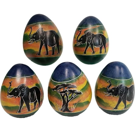 Stoneage Arts: Decorative Stone Eggs for Home Decor, Handcrafted In Kenya (5 Pack, Elephant Window, Wildlife Wonders)