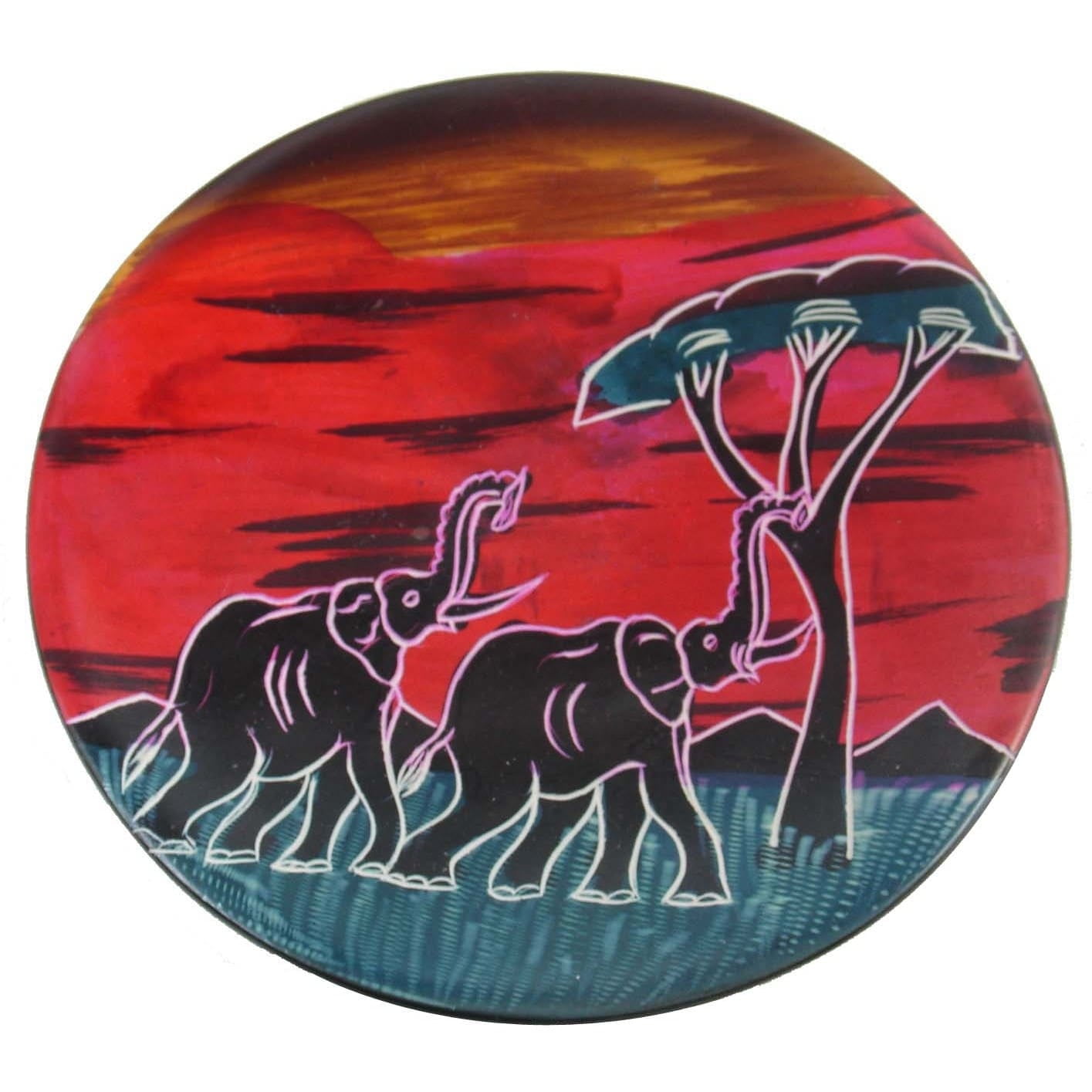Handcrafted African Sunset Soapstone Round Plate with Elephant Motif