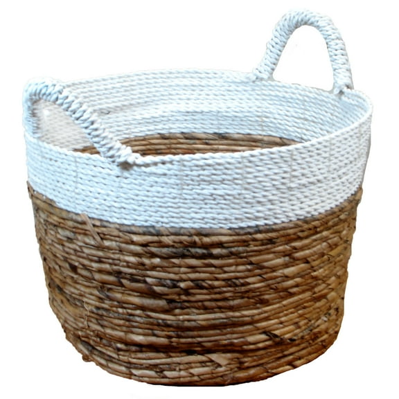 Stoneage Arts Inc 13" White, Gray and Beige Seagrass and Raffia Basket Handcrafted with Genuine