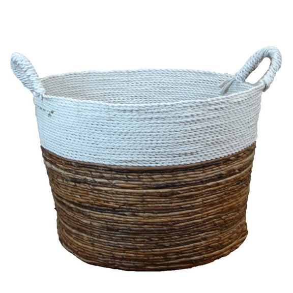 Stoneage Arts Inc 17" White, Gray and Beige Seagrass and Raffia Basket Handcrafted with Genuine