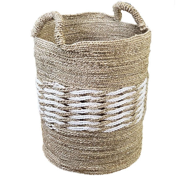 Stoneage Arts Inc 18" Gray, White, and Beige Seagrass and Raffia Basket Handcrafted with Genuine