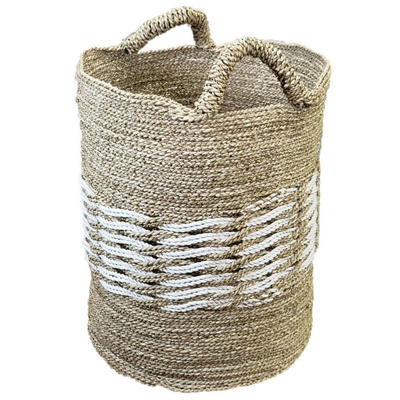 Stoneage Arts Inc 19" Gray, White, and Beige Seagrass and Raffia Basket Handcrafted with Genuine