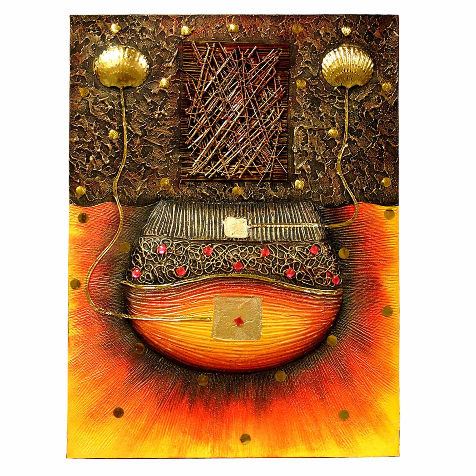 Stoneage Arts Inc Gold and Orange Rectangular 3D Abstract Pot Wall Art