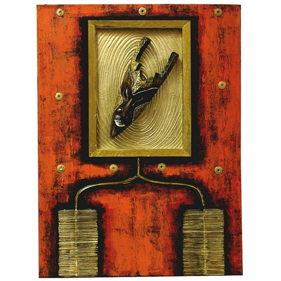Stoneage Arts Inc Gold and Orange Rectangular Abstract 3D Mask Wall Art Hanging Tapestry 32" x 24"
