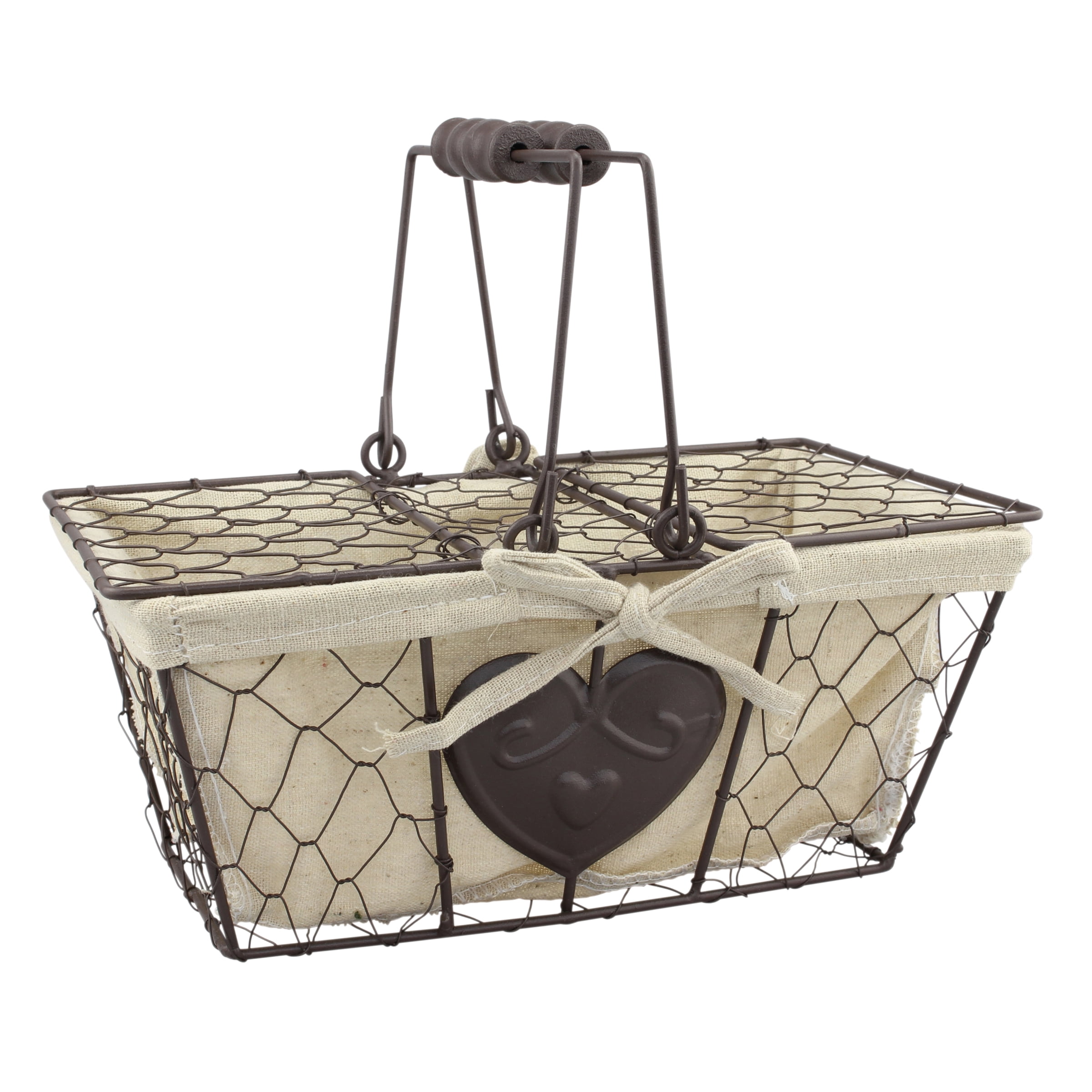 Stonebriar 10.7" x 6.5" Chicken Wire Metal Decorative Picnic Basket with Fabric Lining, Cream