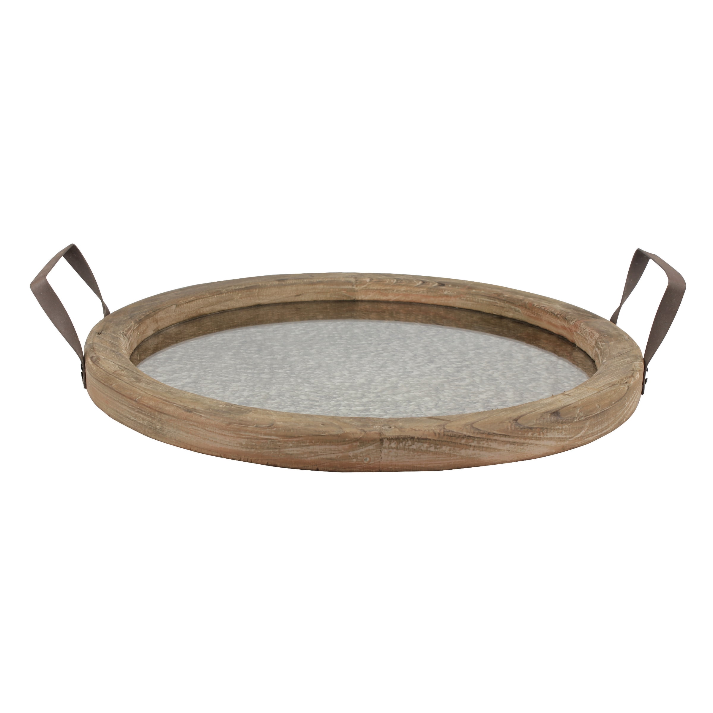 Rustic Round Brown Wood Serving Tray with Metal Handles and Distressed Mirror