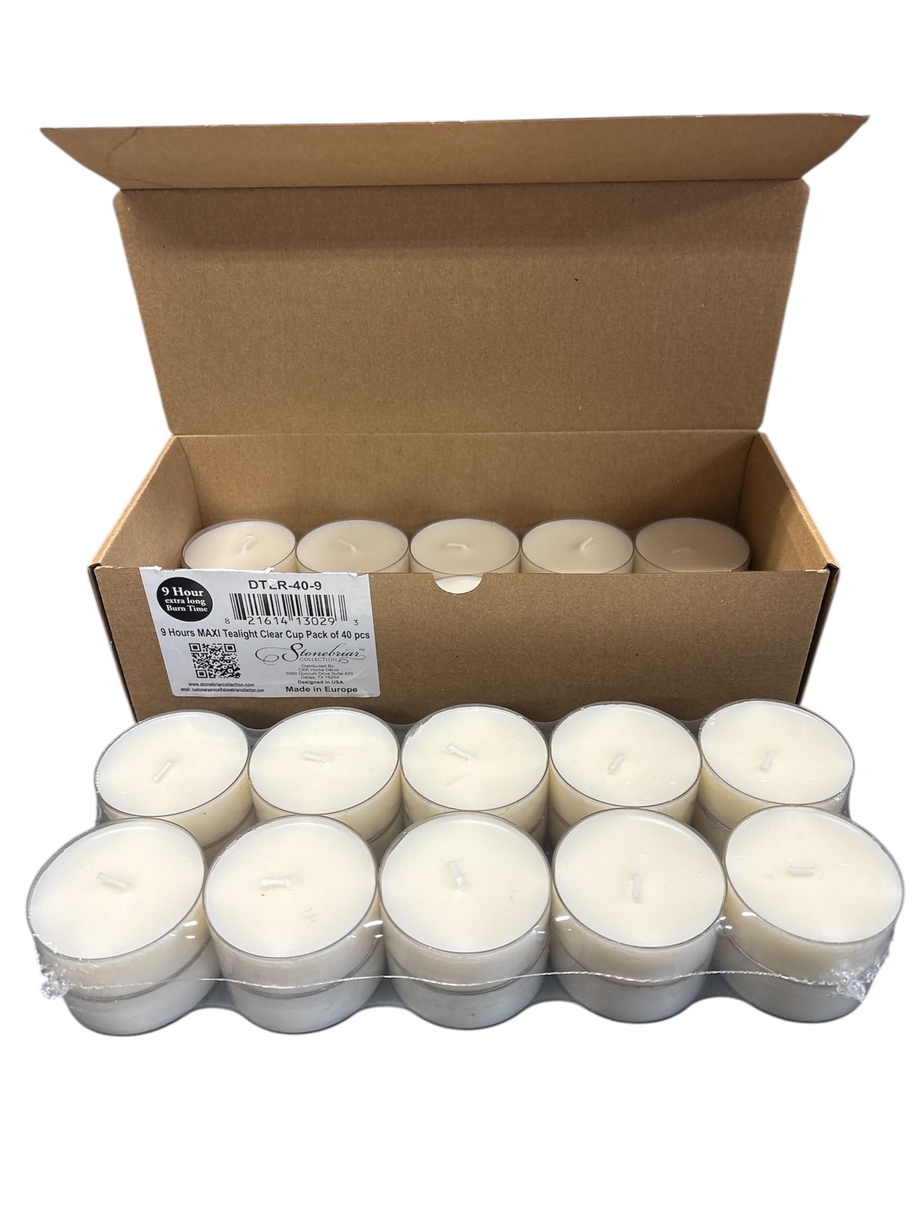 Stonebriar 40-Pack Mega Oversized 9-Hour Tealight Candles in Clear Cups – Long-Lasting Unscented Wax for Events, Decor, and Emergencies
