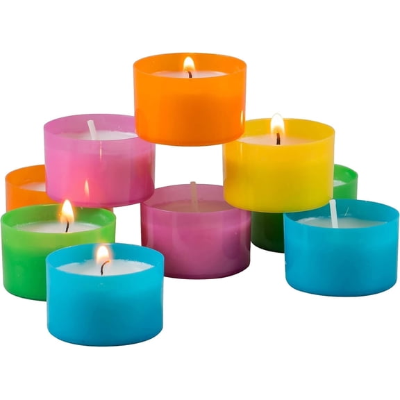 Stonebriar Multicolor Tea Light Candles — 6 to 7 Hour Burn Time, Unscented Long-Lasting Clear Cup Candles for Home Décor & Special Occasions, Pack of 48
