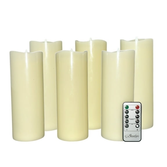 Stonebriar Collection 6 Count Ivory Real Wax 3x8 Flameless LED Pillar Candles with Remote and Timer