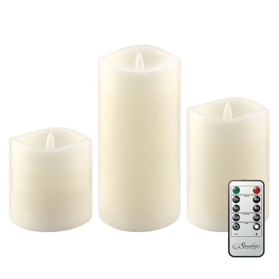 Stonebriar LED Pillar Candles — Remote & Timer, Real Wax Flameless Candles for Home Décor, Weddings & Events, Pack of 3, Ivory, Assorted Sizes