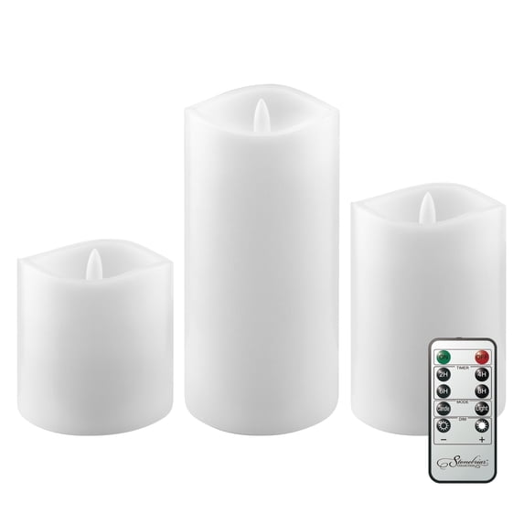 Stonebriar LED Pillar Candles — Remote & Timer, Real Wax Flameless Candles for Home Décor, Weddings & Events, Pack of 3, White, Assorted Sizes