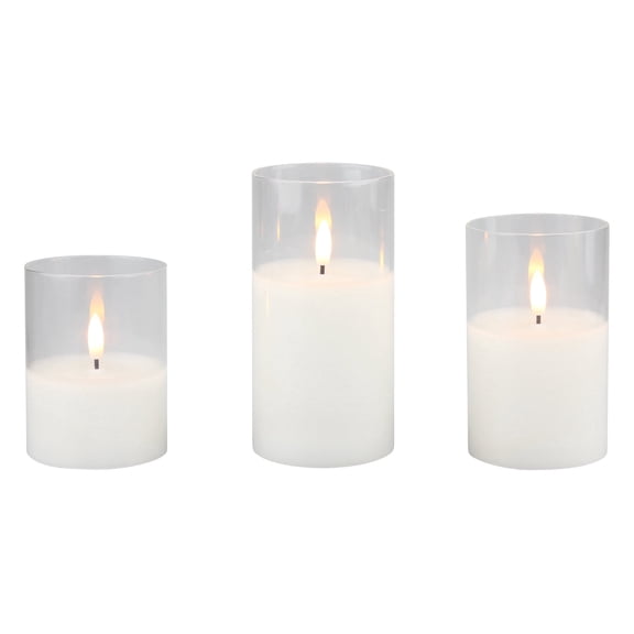 Stonebriar LED Pillar Candles in Glass Hurricanes — Remote & Timer, Real Wax Flameless Candles for Home Décor & Special Occasions, Pack of 3, Assorted Sizes