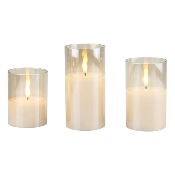 Stonebriar LED Pillar Candles in Clear Glass Hurricanes — Remote & Timer, Real Wax Flameless Candles for Home Décor & Special Occasions, Pack of 3, Assorted Sizes