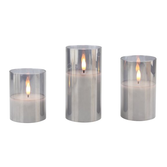 Stonebriar LED Pillar Candles in Clear Glass Hurricanes — Remote & Timer, Real Wax Flameless Candles for Home Décor & Special Occasions, Pack of 3, Assorted Sizes