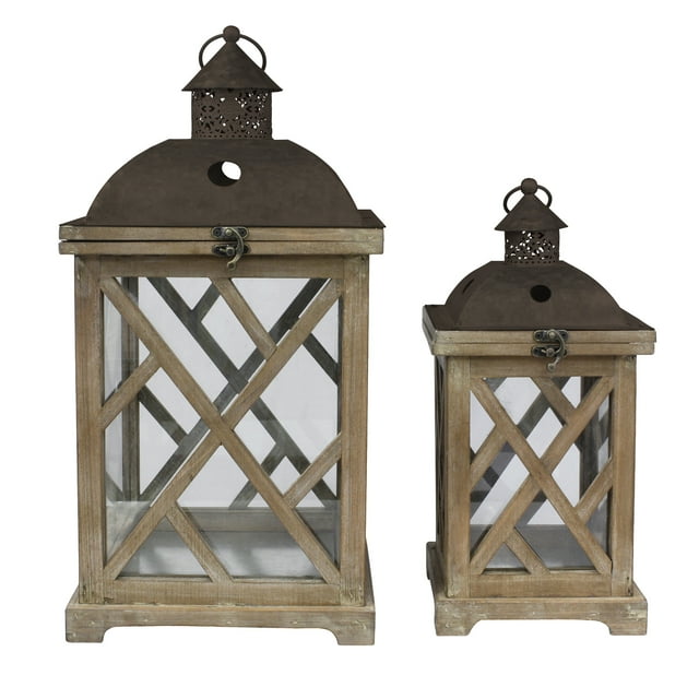 Stonebriar Collection Natural Wood Outdoor Candle Holder Set, (Set of 2