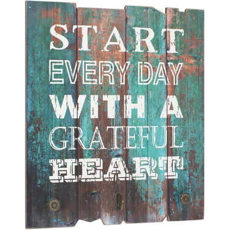 Stonebriar Collection Rustic Wooden Turquoise Painted Grateful Heart Wall Art With 3 Decorative Hooks