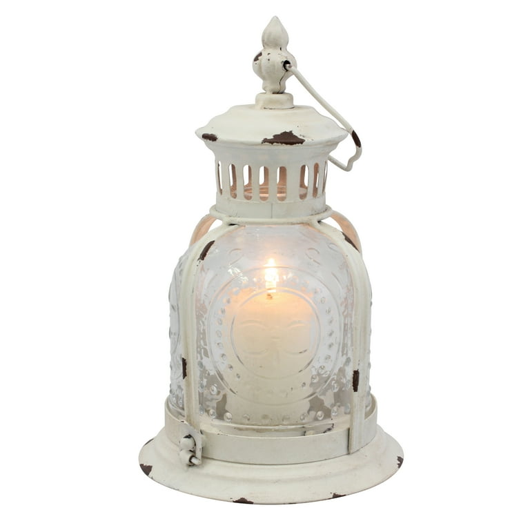 Stonebriar Indoor and Outdoor 10 Vintage Metal and Glass Candle Lantern,  Off-White 