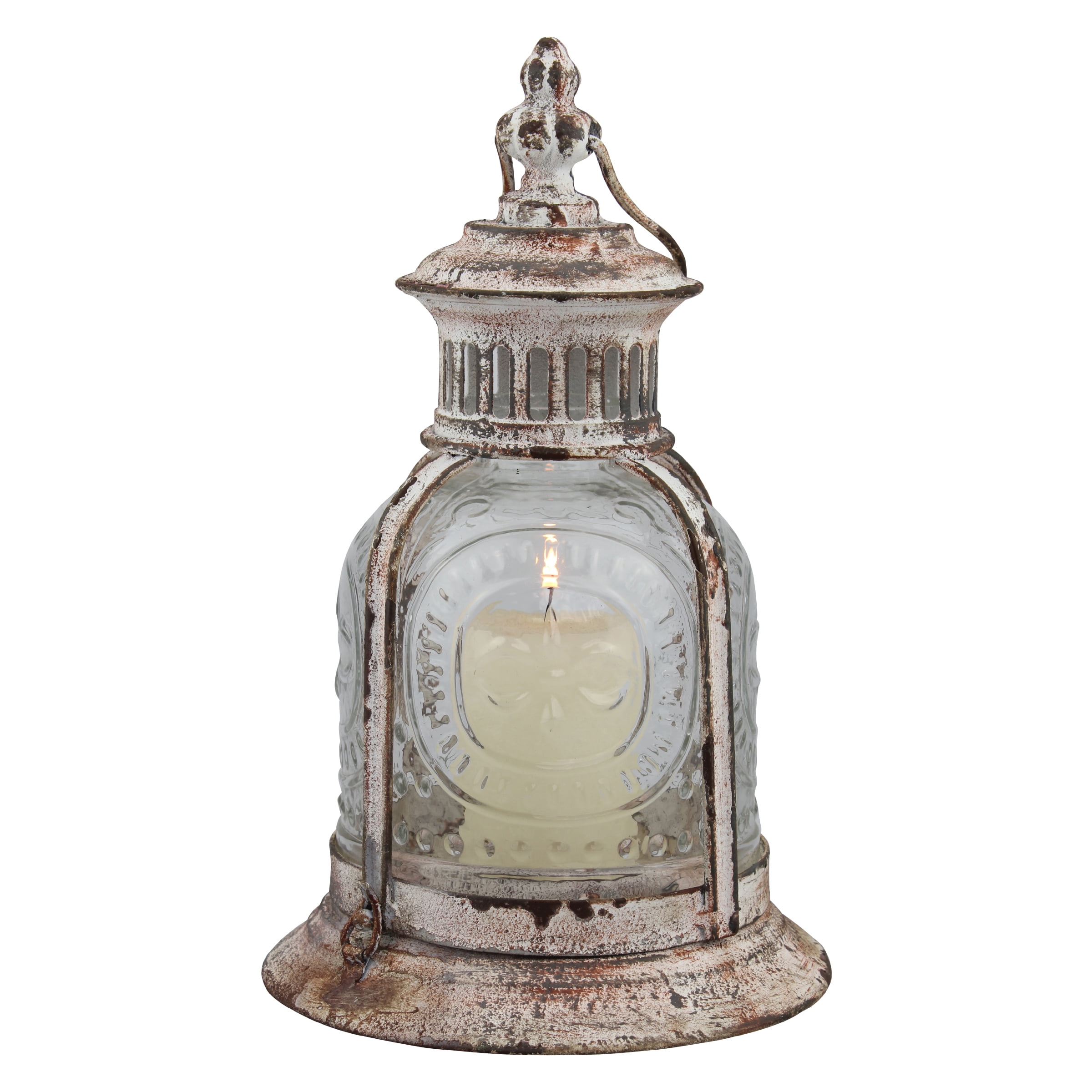 Stonebriar Indoor and Outdoor 10" Vintage Metal and Glass Candle Lantern, Off-White