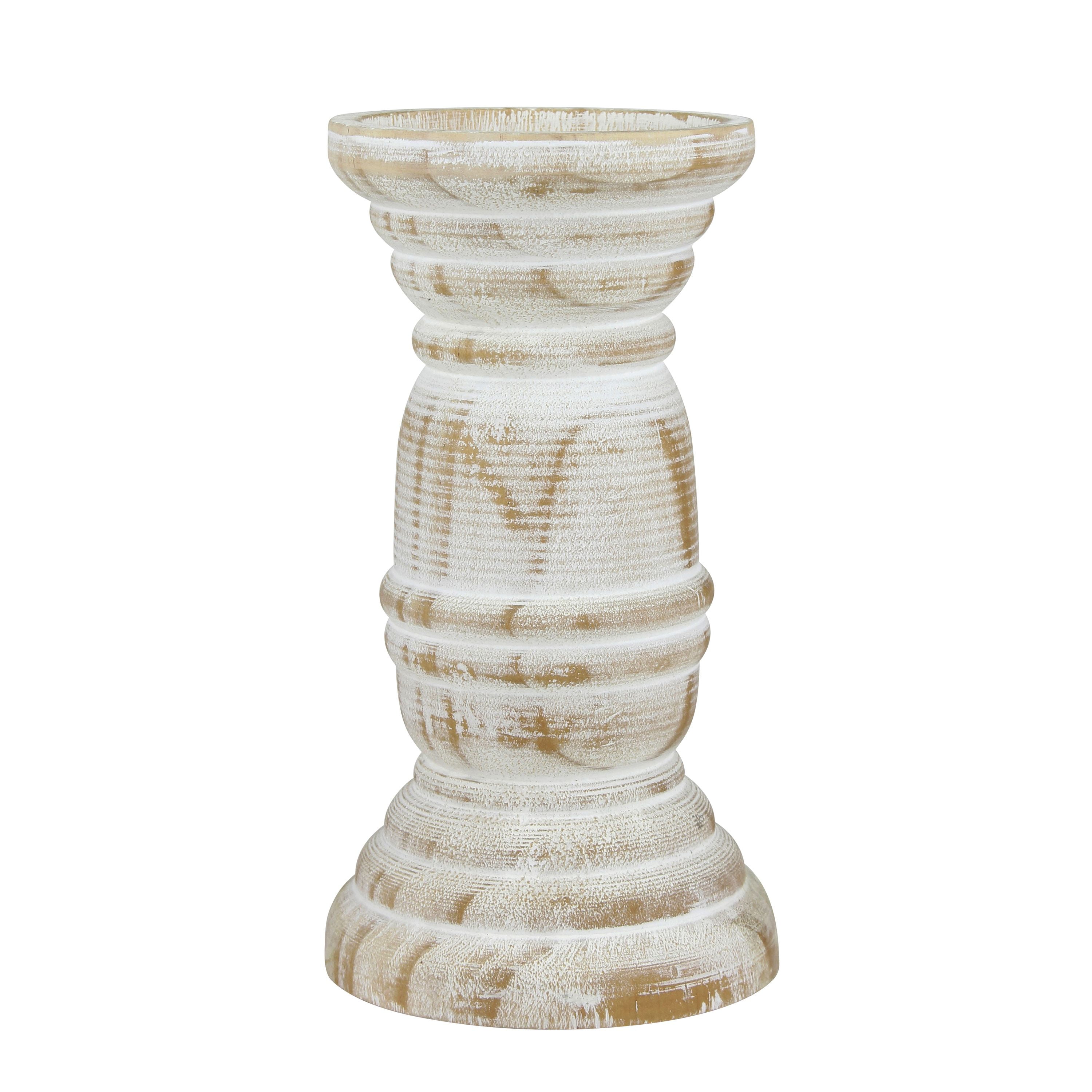 Coastal Charm 8" Worn White Wooden Pillar Candle Holder