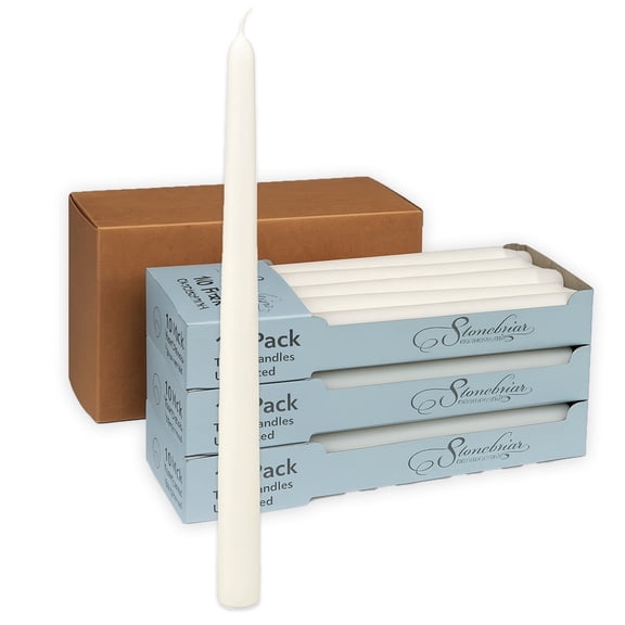 Stonebriar Unscented Taper Candles — 7 Hour Burn Time, Candle Stick Candles for Weddings, Holidays, Home Décor & Special Events, Pack of 30, White, 10"