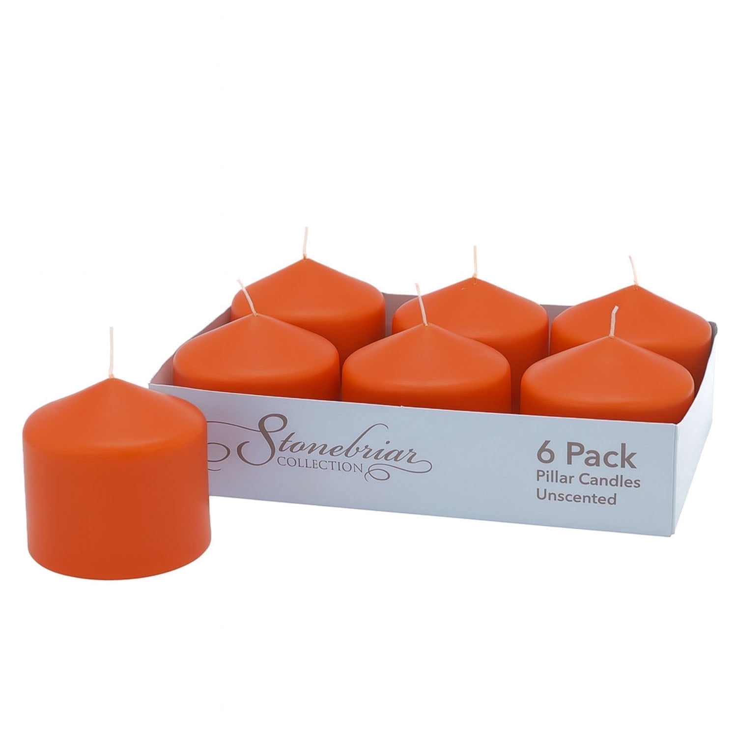 Stonebriar Unscented Pillar Candles – 18 Hour Burn Time, Long-Lasting Wax Candles for Weddings, Holidays, Home Décor & Special Events, Pack of 6, Orange, 3" x 3"
