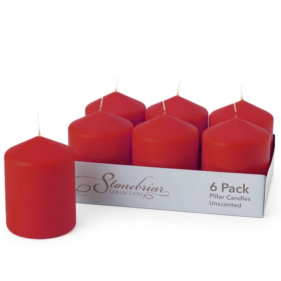 Stonebriar Unscented Pillar Candles – 35 Hour Burn Time, Long-Lasting Wax Candles for Weddings, Holidays, Home Décor & Special Events, Pack of 6, Red, 3" x 4"