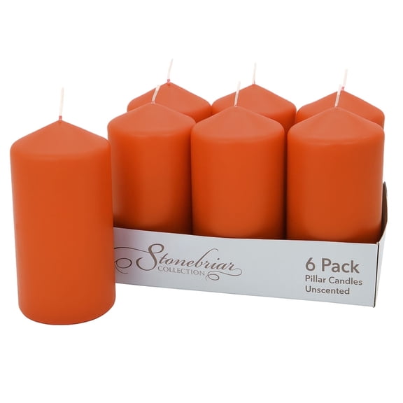 Stonebriar Orange Pillar Candles for Fall, Unscented, 3" x 6", 65 Hour Burn, 6 Pack