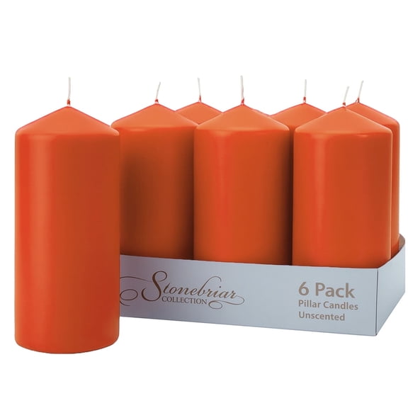 Stonebriar Unscented Pillar Candles – 80 Hour Burn Time, Long-Lasting Wax Candles for Weddings, Holidays, Home Décor & Special Events, Pack of 6, Orange, 3" x 8"