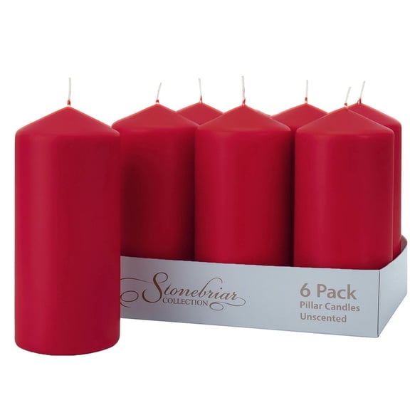 Stonebriar Unscented Pillar Candles – 80 Hour Burn Time, Long-Lasting Wax Candles for Weddings, Holidays, Home Décor & Special Events, Pack of 6, Red, 3" x 8"