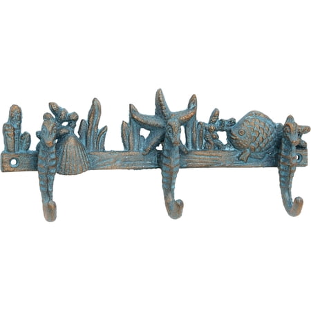 Stonebriar Worn Turquoise Patina Cast-Iron Seahorse Decorative Wall Hooks