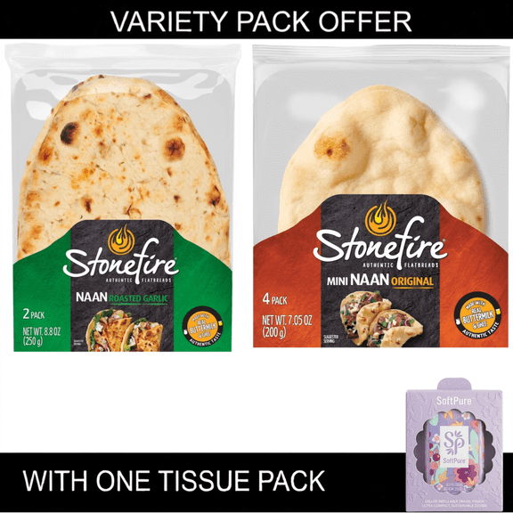 Stonefire Roasted Garlic Naan Bread, 8.8 oz, 2 Count | Stonefire Original Mini Naan Bread, Shelf-Stable, Soft Flatbread for Dipping & Pizza, 7.05 oz, 4 Count
