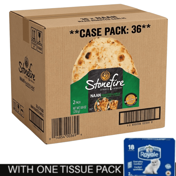 36 Stonefire Roasted Garlic Naan Bread, 8.8 oz withTissue