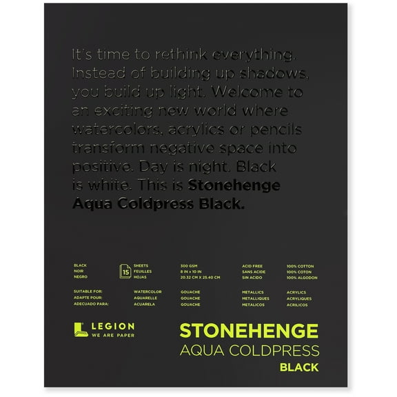 Stonehenge Aqua Black Coldpress Pad 8"X10" 15 Sheets/Pkg-Black 140lb