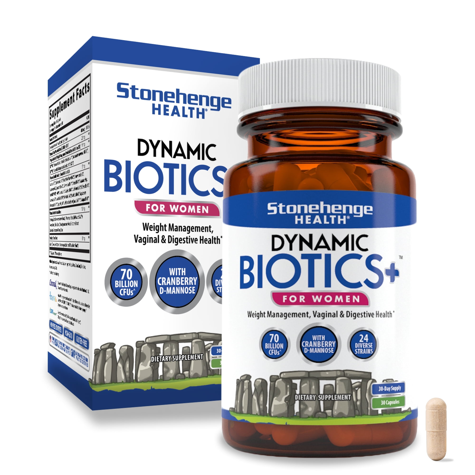 Stonehenge Health Probiotics 70 Billion CFU + 24 Strains, Prebiotic, Dynamic Biotics+ for Women, New Formula for Weight Management, Digestive & Vaginal Support, Delayed Release Shelf Stable Non-GMO