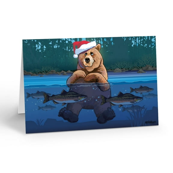 Stonehouse Collection Bear Santa Hat & Salmon Christmas Card - 20108