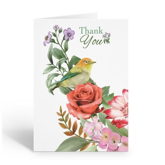 Stonehouse Collection | Green Bird and Floral Watercolor Thank You Note Card Se