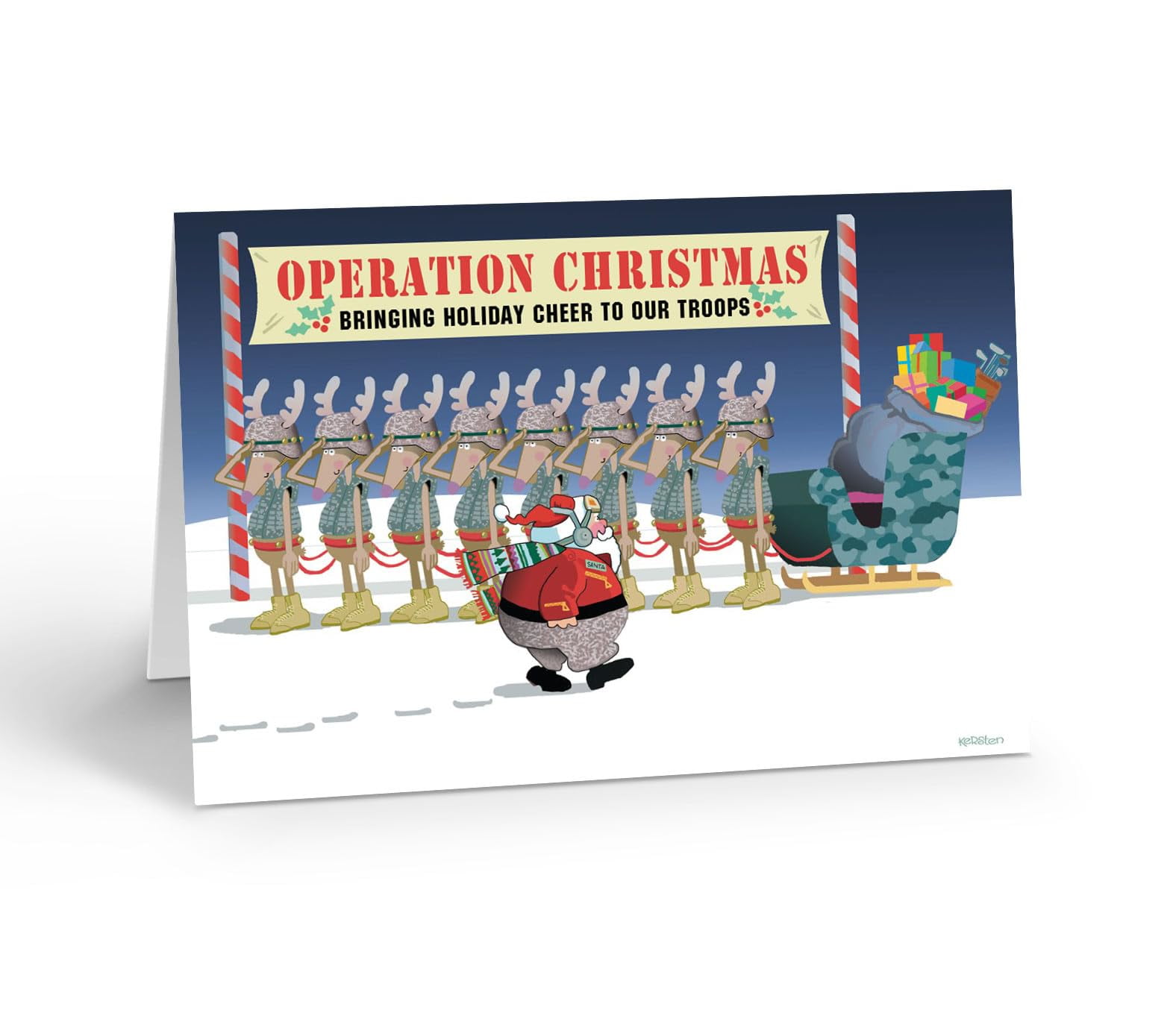Stonehouse Collection Military Christmas Cards, 12 Pack with Envelopes, A6 6.25" x 4.5", Santa and Reindeer in Camo Sleigh, Tribute to Troops (Standard)