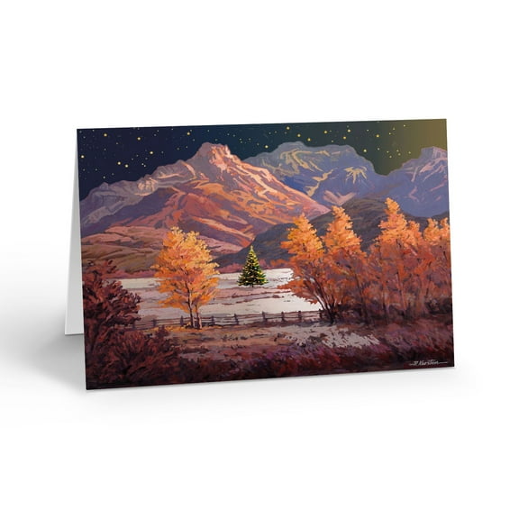 Stonehouse Collection Mountain Christmas Greeting Card, Fall Landscape with Lit Tree, Starry Night Scene, Rocky Mountains, 18 Cards and Envelopes USA Made