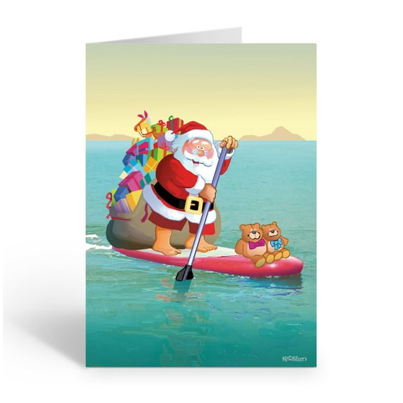 Stonehouse Collection Paddleboarding Santa Christmas Cards – Ocean Holiday Card, Box of 12 Cards with Envelopes – Made in the USA (Standard)