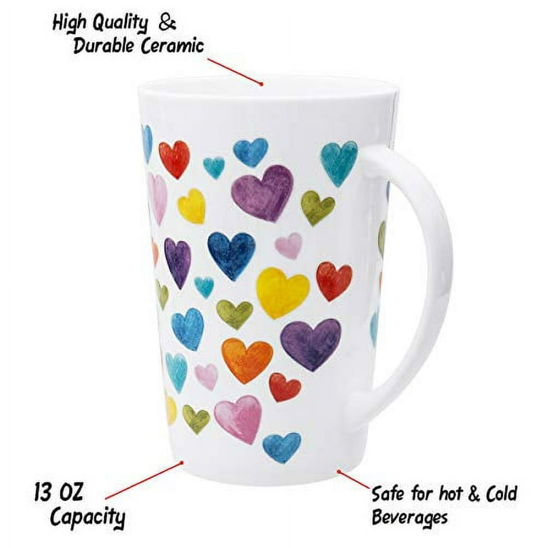 Cute Mugs Colorful Heart Shaped Ceramic Coffee Mug Cups, 13oz Fine