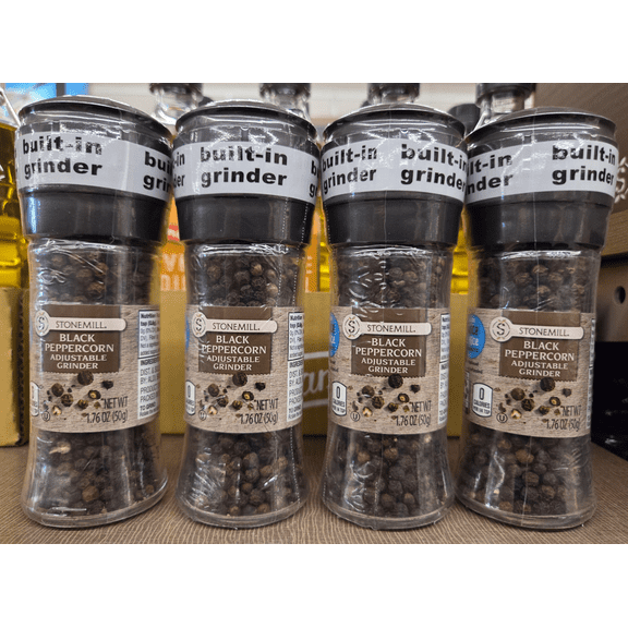 Stonemill Black Peppercorn with Built-In Adjustable Grinder 1.76oz 50g (4 Bottles)
